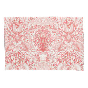 Beach treasures, seashells, crab, corals and seawe pillowcase