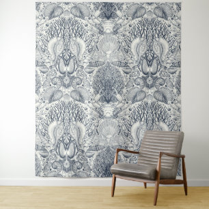 Beach treasures, seashells, crab, corals and seawe tapestry