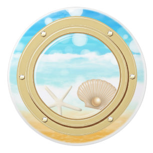 Beach Tropical Cruise Porthole & Sea Shells Ceramic Knob
