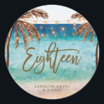beach tropical eighteen 18th birthday sticker<br><div class="desc">A tropical beach and palm trees design eighteenth 18th birthday sticker. Easy to change or delete the text field available to suit your personal requirements. Please visit my shop to find matching items in this collection such as invitations,  rsvp,  thank you etc.</div>