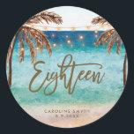 beach tropical eighteen 18th birthday sticker<br><div class="desc">A tropical beach and palm trees design eighteenth 18th birthday sticker. Easy to change or delete the text field available to suit your personal requirements. Please visit my shop to find matching items in this collection such as invitations,  rsvp,  thank you etc.</div>
