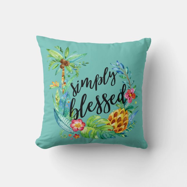 Beach Tropical Floral Blessed Palm Tree Teal Cushion (Front)