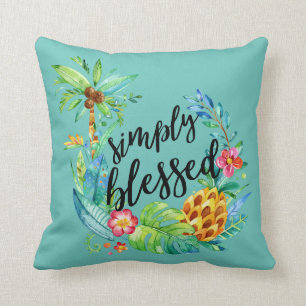 Beach Tropical Floral Blessed Palm Tree Teal Cushion