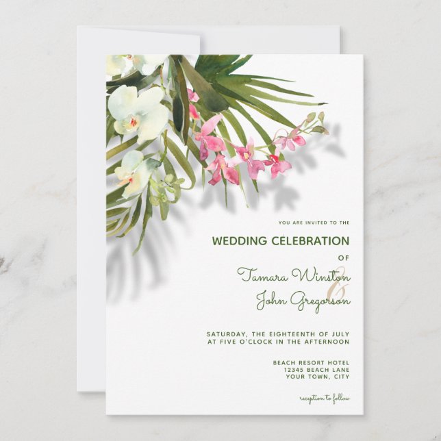Beach Tropical Hawaii Pink Floral w Shadow Wedding Invitation (Front)
