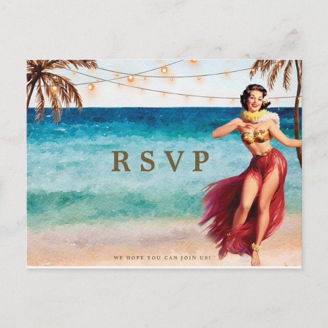 beach tropical hula wedding rsvp postcard (Front)