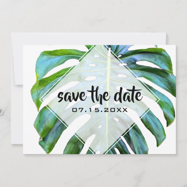 Beach Tropical Leaf Trendy Greenery Save the Date (Front)