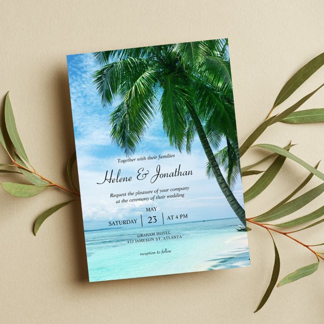Beach Tropical Ocean Palm Tree Destination Wedding Invitation (Creator Uploaded)