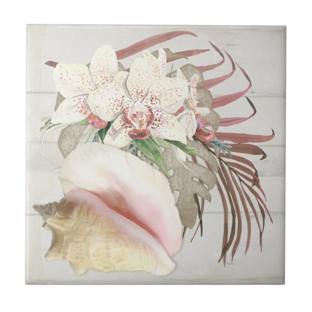 Beach Tropical Orchid Floral Conch Seashell Wooden Ceramic Tile (Front)