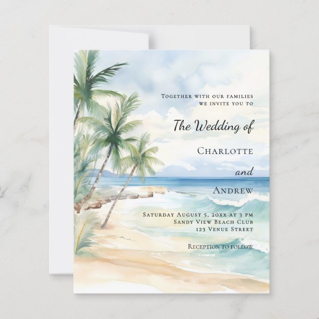 Beach tropical palm destination wedding invitation (Front)