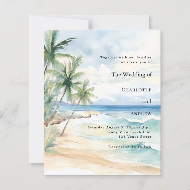Beach tropical palm destination wedding invitation (Front)