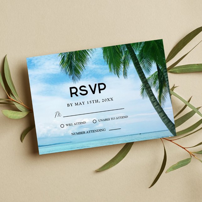 Beach Tropical Palm Tree Ocean Destination Wedding RSVP Card (Creator Uploaded)