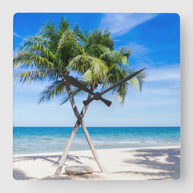 Beach tropical palm tree summer paradise photo square wall clock (Front)