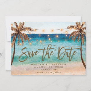 beach tropical palm trees save the date card
