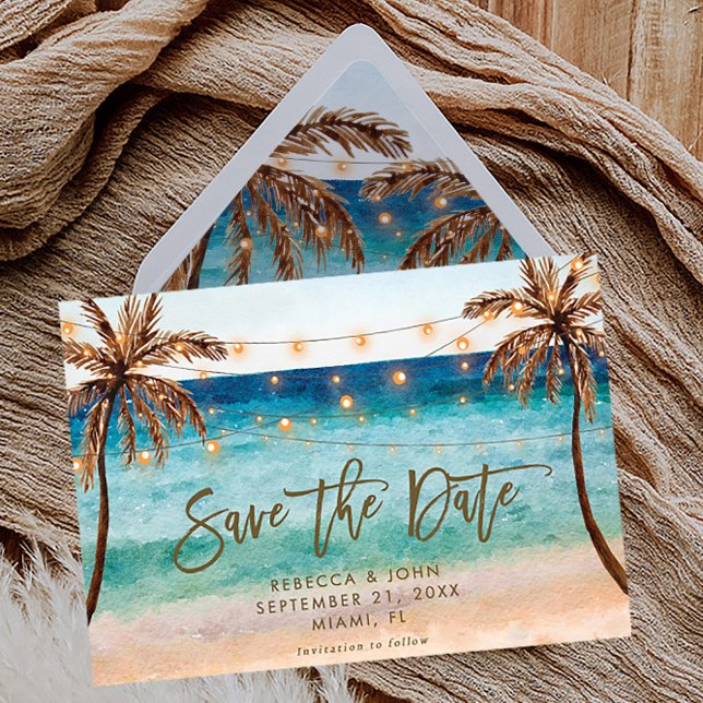 beach tropical palm trees save the date card (Creator Uploaded)