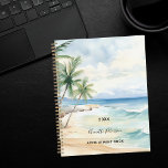 Beach tropical palm trees waves 2025 planner<br><div class="desc">A watercolored tropical beach scenery.  A sandy beach,  ocean waves and palm trees.  Personalise and add year,  name and a text.</div>