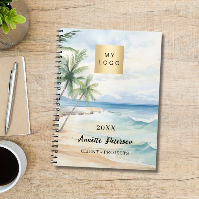 Beach tropical palm trees waves business logo notebook (Creator Uploaded)