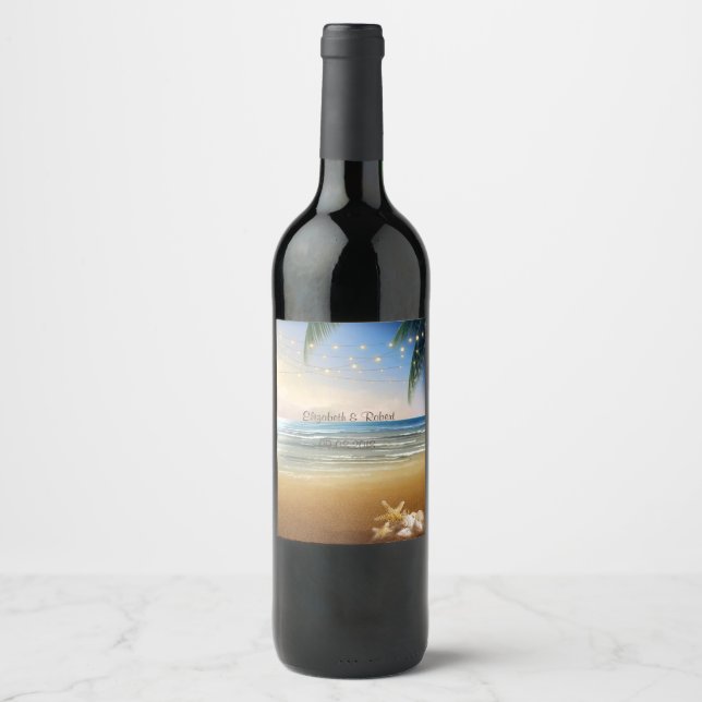 Beach Tropical,Palms, Sunset, Lights Wine Label (Front)