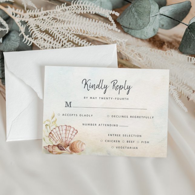 Beach Tropical Seashells Watercolor Wedding RSVP Card (Creator Uploaded)