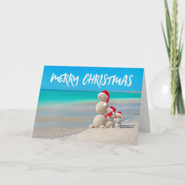 Beach Tropical Snowman Sand Merry Christmas Card (Front)