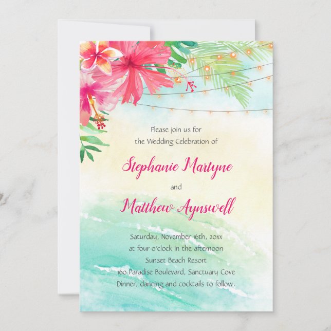 Beach Tropical String Lights Wedding Invitation (Front)
