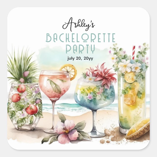 Beach Tropical Themed Cocktails Bachelorette Party Square Sticker (Front)