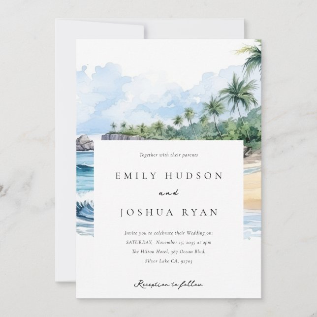 Beach Tropical Watercolor Wedding Invitation (Front)