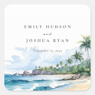 Beach Tropical Watercolor Wedding Square Sticker
