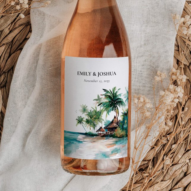 Beach Tropical Watercolor Wedding Wine Label (Creator Uploaded)