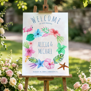 Beach tropical wreath wedding welcome poster