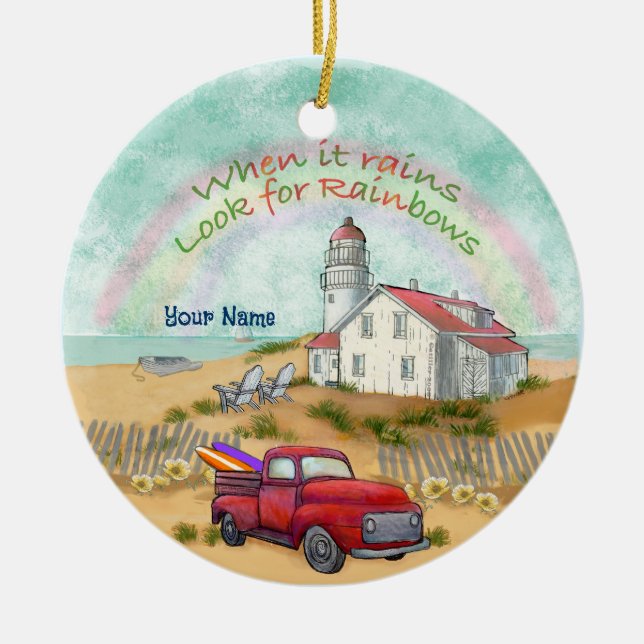 Beach Truck Lighthouse Ceramic Ornament (Front)