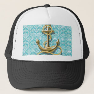 beach turquoise damask sailor nautical anchor trucker hat