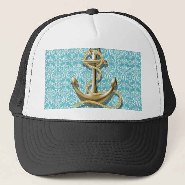 beach turquoise damask sailor nautical anchor trucker hat (Front)
