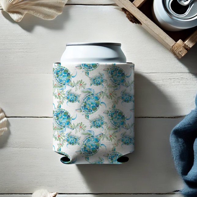 Beach Turquoise Sea Turtle Watercolor Can Cooler (Sea turtle can cooler watercolor pattern in turquoise blue by Victoria Grigaliunas Do Tell A Belle)