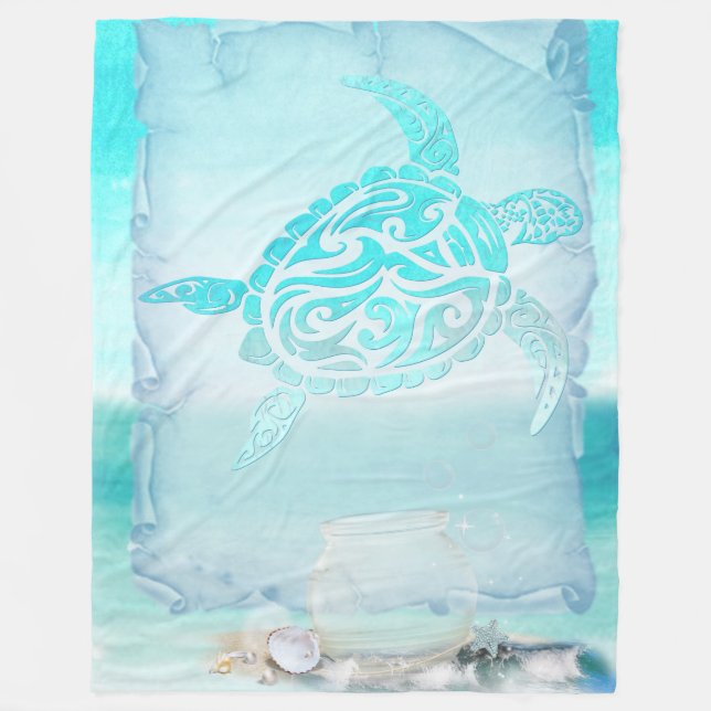 Beach Turtle Watercolor Art Fleece Blanket (Front)