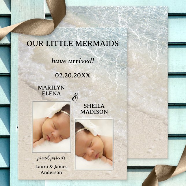 Beach Twins Baby Birth Photo Announcement Card (Beach baby photo birth announcement card with photos of your own baby or twins, framed by a beach)