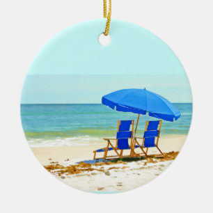 Beach, Umbrella and Chairs at the Shore Ceramic Tree Decoration