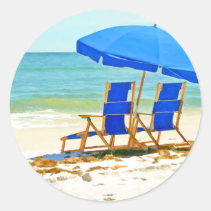 Beach, Umbrella and Chairs at the Shore Classic Round Sticker