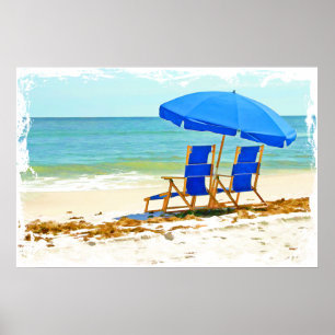 Beach, Umbrella and Chairs at the Shore Poster