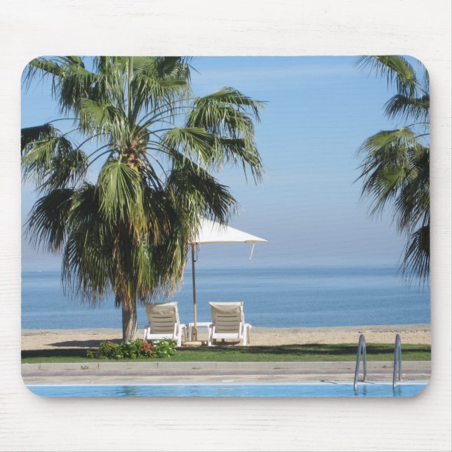 Beach Umbrella and Chairs, Palm Trees, Ocean Mouse Pad (Front)