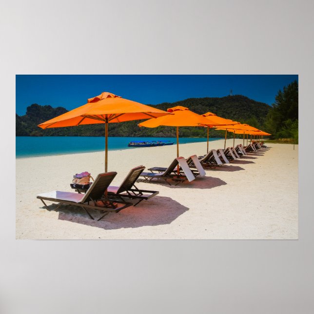 Beach Umbrellas, Beach Chairs, Tropical Beach Poster (Front)