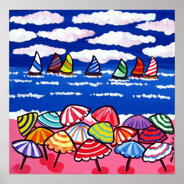 Beach Umbrellas Sailboats Fun Folk Art Poster (Front)