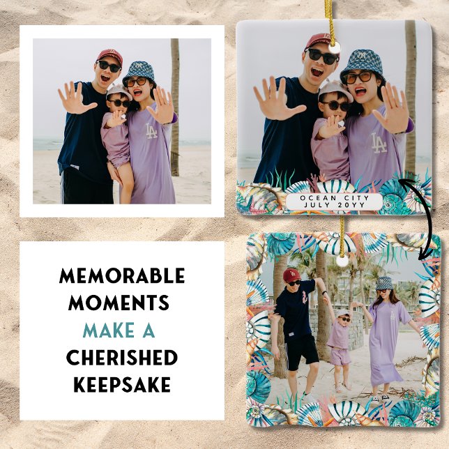 Beach Vacation Memories Family Keepsake Shell  Ceramic Ornament (This double-sided ornament allows you to use two of your best photos to make a keepsake to cherish.)