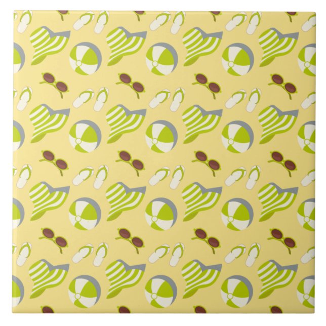 Beach vacay pattern with sunglasses and sun hat  ceramic tile (Front)