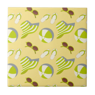 Beach vacay pattern with sunglasses and sun hat ceramic tile