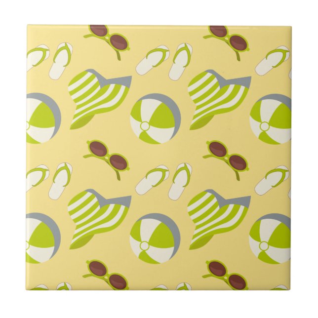 Beach vacay pattern with sunglasses and sun hat ceramic tile (Front)