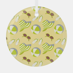 Beach vacay pattern with sunglasses and sun hat glass tree decoration