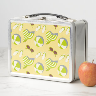Beach vacay pattern with sunglasses and sun hat metal lunch box