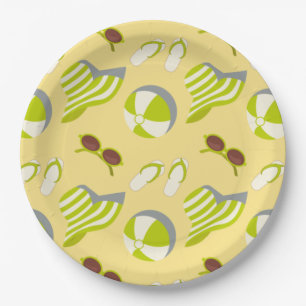Beach vacay pattern with sunglasses and sun hat  paper plate