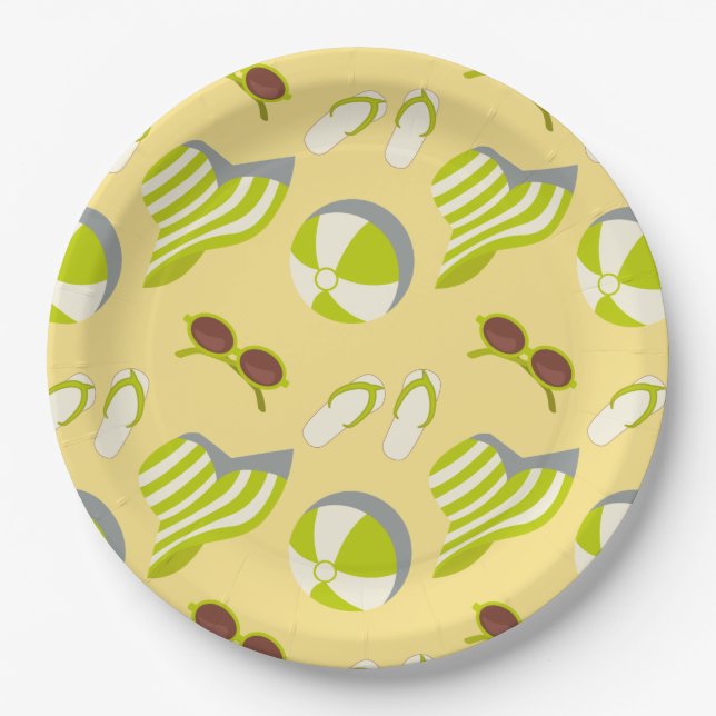Beach vacay pattern with sunglasses and sun hat  paper plate (Front)