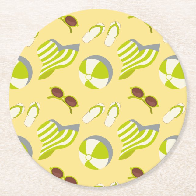 Beach vacay pattern with sunglasses and sun hat round paper coaster (Front)